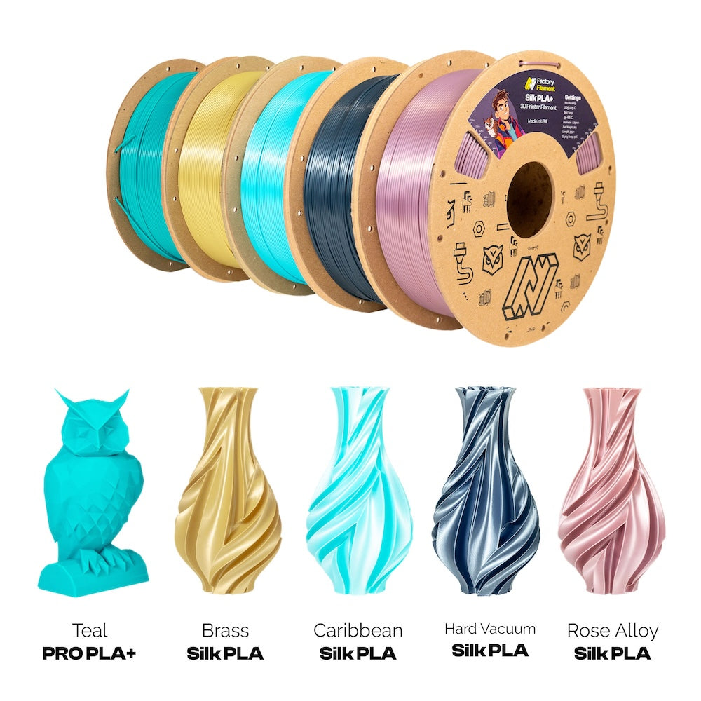 Spools of filament in various colors with sample products below on a white background